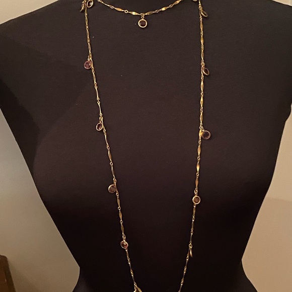 Long Layering Gold Chain Necklace with Purple Glass Beads - Picture 2 of 9